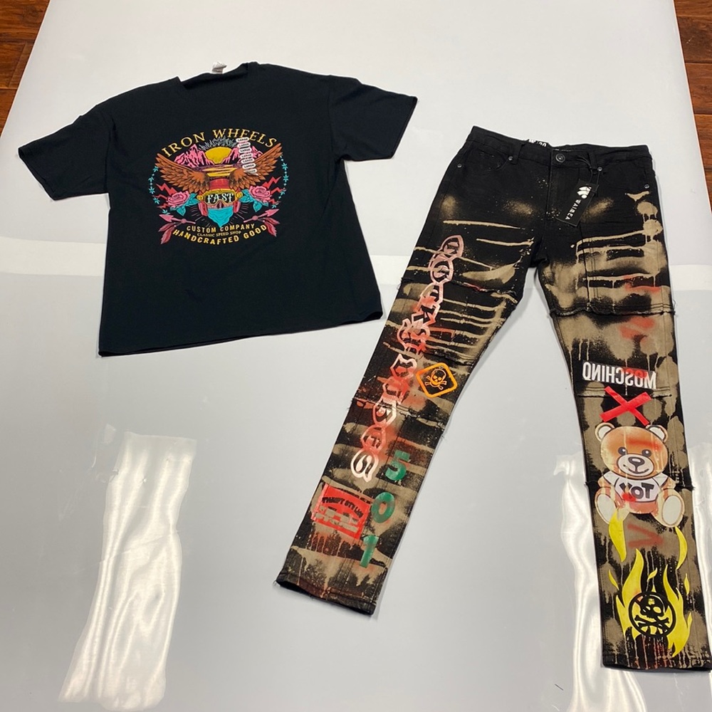 A pair of pants and size L shirt
